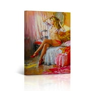 Buy4Wall Canvas Print Nude Art Sexy Blonde Woman Vintage Lady in High Heels Naked Nude Painting Sexy Red Lingerie Bedroom Decor Wall Art Home Decor Stretched and Framed - Ready to Hang - 28x19 inches
