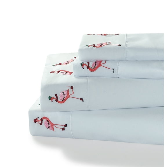 Snow Day Embroidered 3-piece Twin-size Skating Flamingo Sheet Set