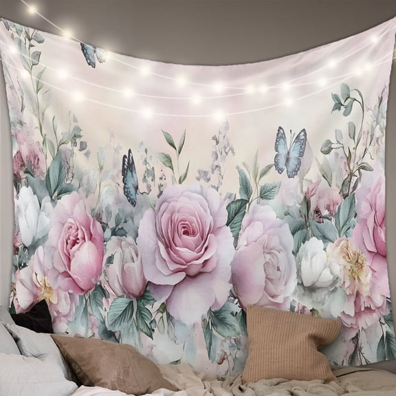 Pink Roses Floral Tapestry for Bedroom Wall Hanging Tapestry, Vintage Romance Botanical Flowers Ceiling Backdrop Tapestries Poster Blanket Wall Decor for Teens Room Living Room Dorm 39" x 59"