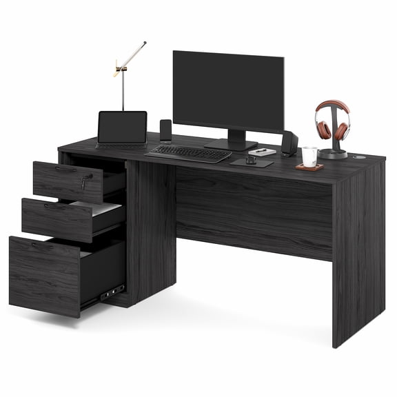 Furinno ROGER 60" Desk w/ File Cabinet 3-Drawer Cord Grommet Coastal Grey