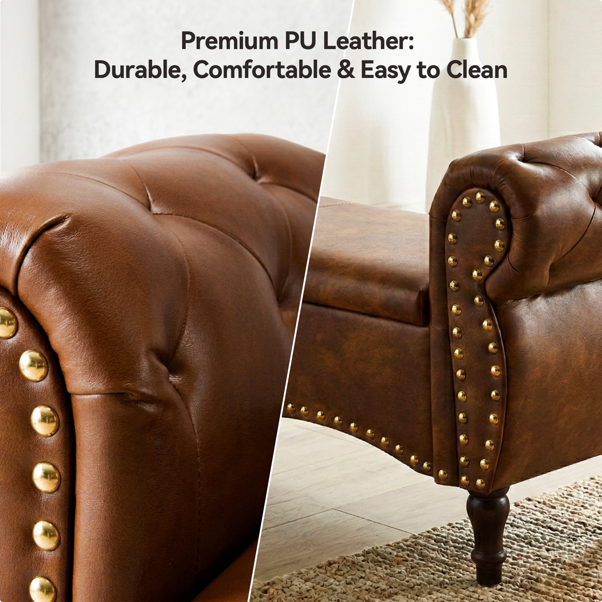 YIKEMA Upholstered PU Leather Rectangle Storage Ottoman Bench with Nailhead Trim, 51.5", Brown