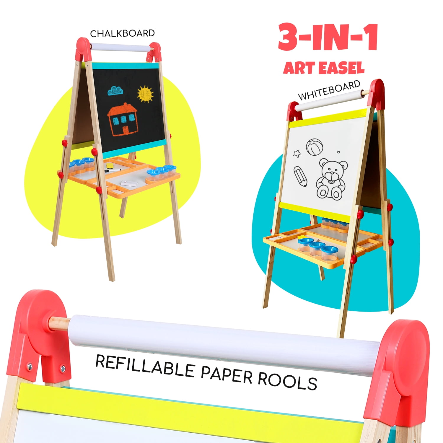 Beipoo Kids Art Easel with Paper Roll, Foldable Wooden Easel for Toddlers, All-in-one Painting Easel for 2-12 Years Children, Adjustable Drawing Station with Chalkboard & Magnetic Whiteboard