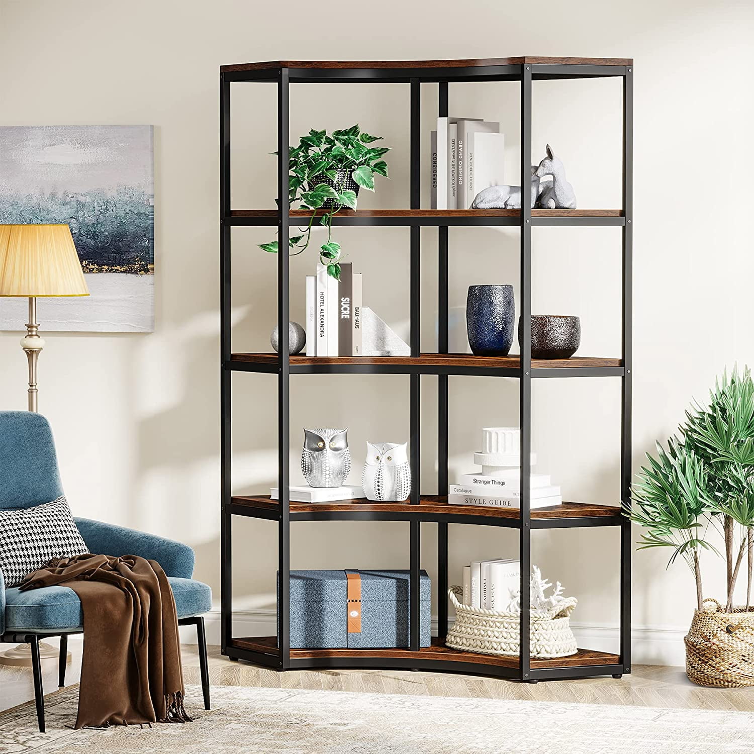 5 Tier Bookshelf Industrial Bookcase Storage Shelves, Curved Open Book