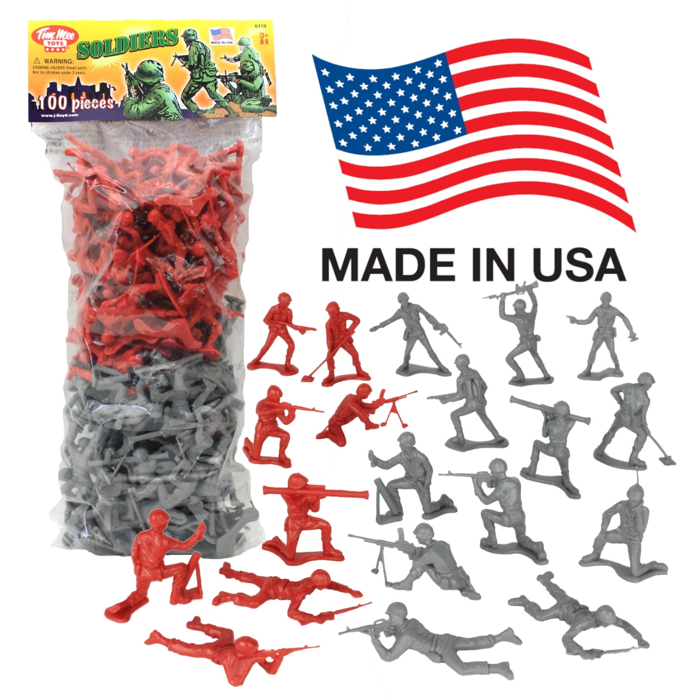TimMee PLASTIC ARMY MEN Gray vs Red 100pc Soldier Figures Made in