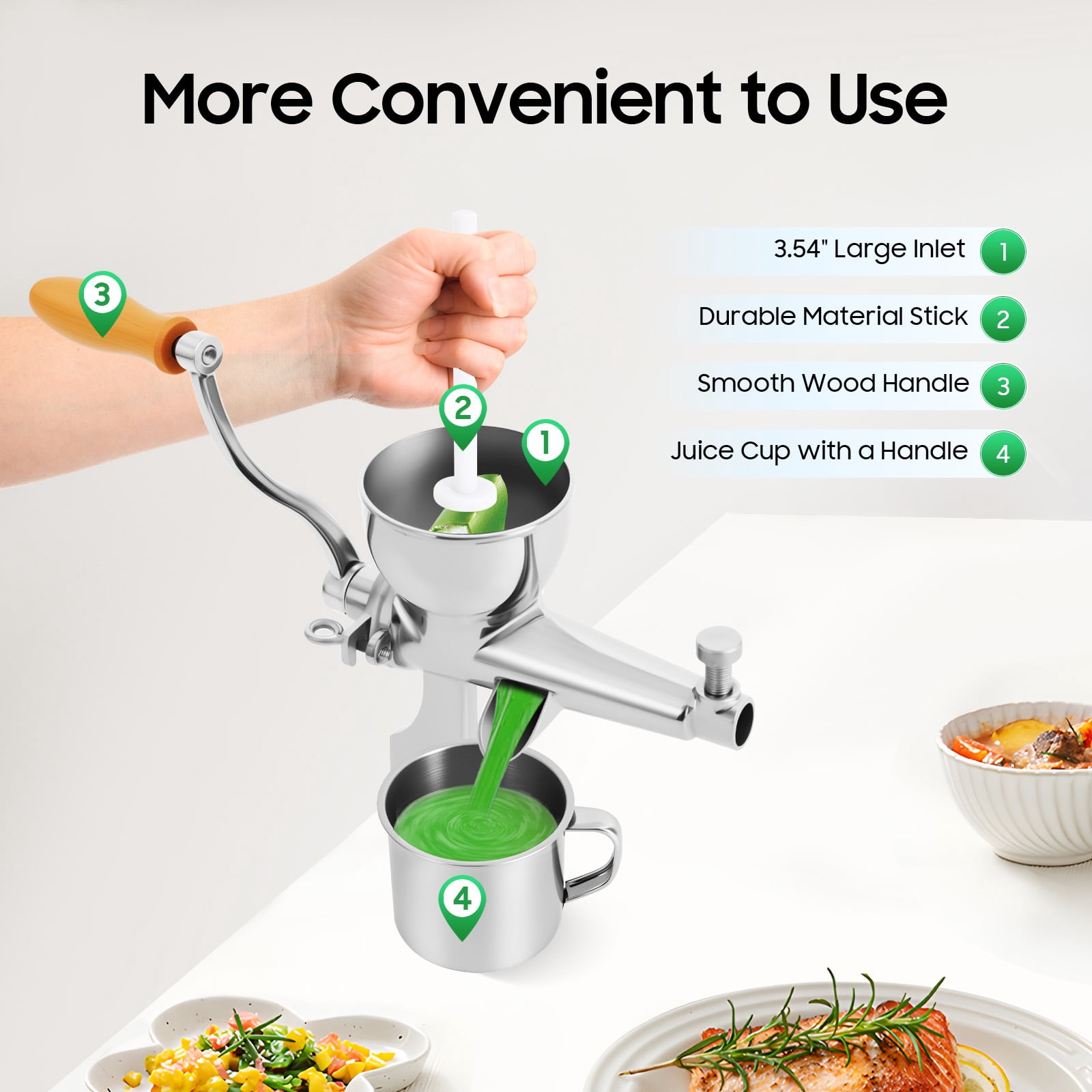 Stainless Steel Manual Juicer for Wheatgrass, Fruits, and Vegetables, Slow-Press with Low-Speed Spiral Auger, Easy Clamp Installation, High Nutrient Retention