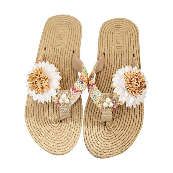 Clearance JeashCHAT Sandals for Women, Slide Sandals Summer Women Slippers Seaside Fashion Flops Flowers Beach Shoes Flip Flops (White)