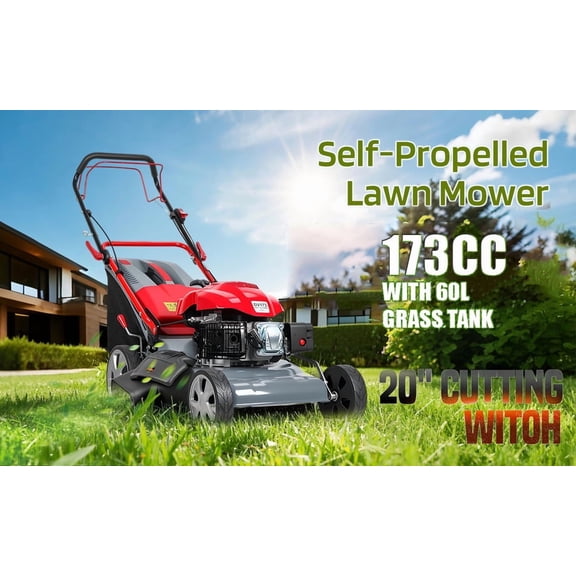 Trendix Walk-Behind Mowers, 3-in-1 Self-Propelled Lawn Mower, 173cc Gas Powered Push Mower, 20-Inch Cutting Deck & 60L Grass Bag for Yard Patio Lawn Landscaping