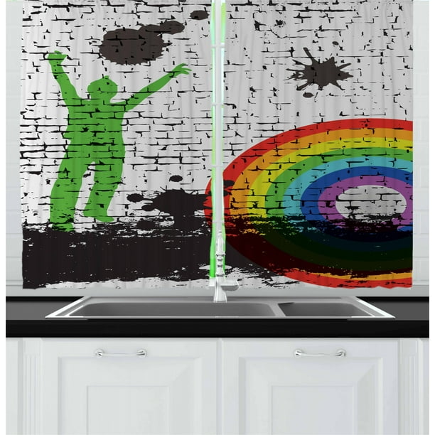 Urban Graffiti Curtains 2 Panels Set Rainbow Contoured Bulls Eye Pattern With A Green Man Silhouette Splashes Window Drapes For Living Room Bedroom 55w X 39l Inches Multicolor By Ambesonne Walmart Com