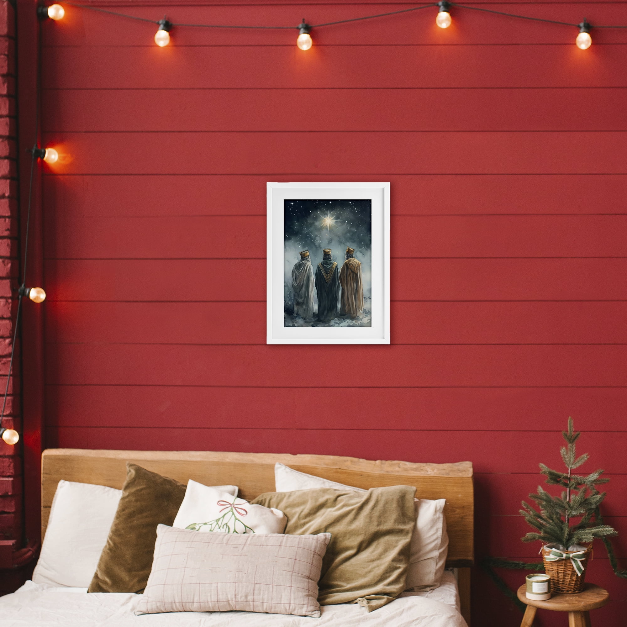 Three Wise Men & North Star White Framed Print Under Glass, design by Petal Prints Design
