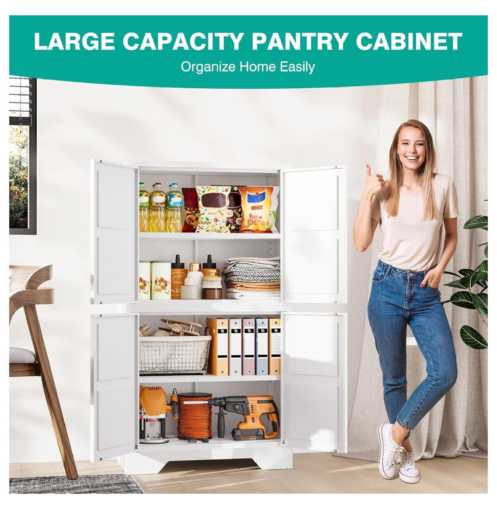 White Storage Cabinet with 4 Doors and 2 Adjustable Shelves,Farmhouse Food Pantry Cabinets,Small Bathroom Cabinet,4 Tier Metal Storage Cabinets for Home Kitchen,Dining/Living/Laundry/Room