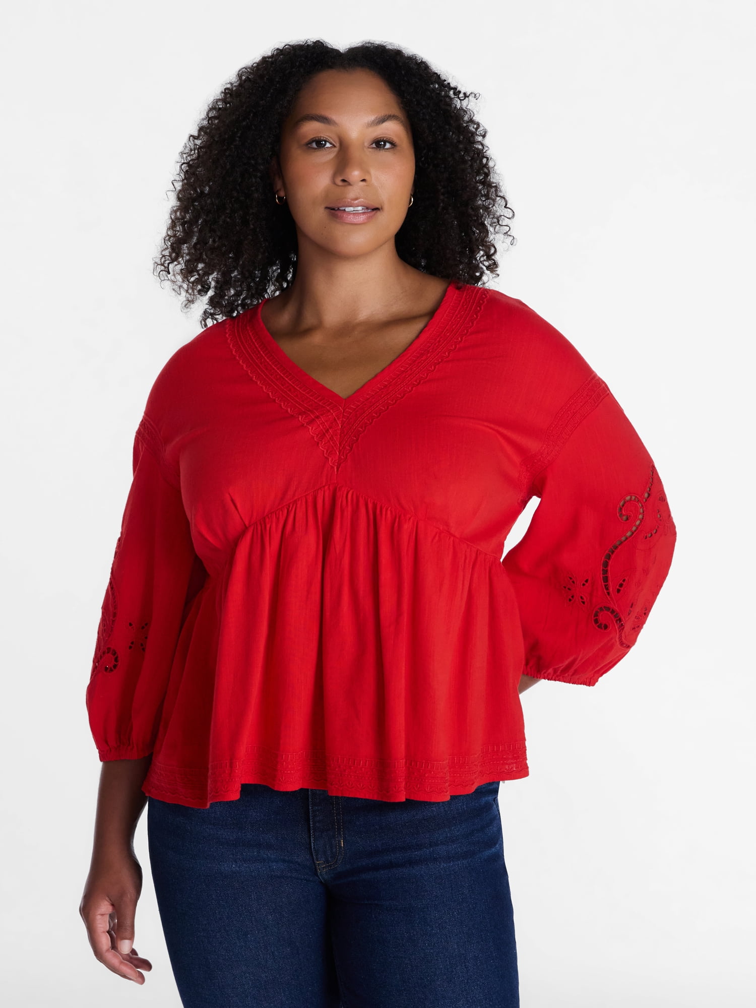 Time and Tru Women's Long Sleeve Poet Sleeve Broderie Anglaise Top, Sizes XS-XXXL