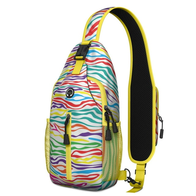Zebra Pattern Sling Backpack with Abstract Zebra Stripes Print, Rainbow and Multicolor Zebra Design Crossbody Daypack, Colorful Zebra Aesthetic Lightweight Strap