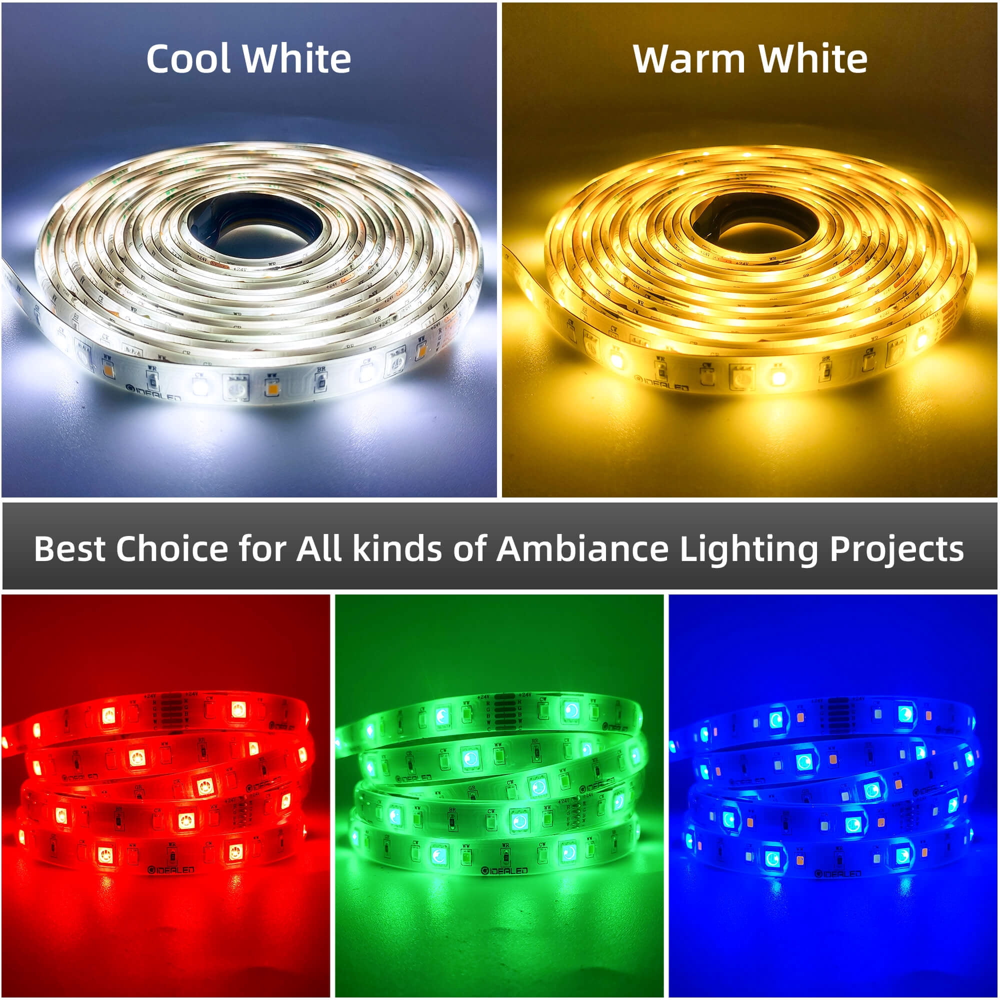 GIDEALED 32.8ft RGBWW LED Strip Light 24V DC, Cool/Warm White 2700K-6000K CCT RGB LED Strip for Home