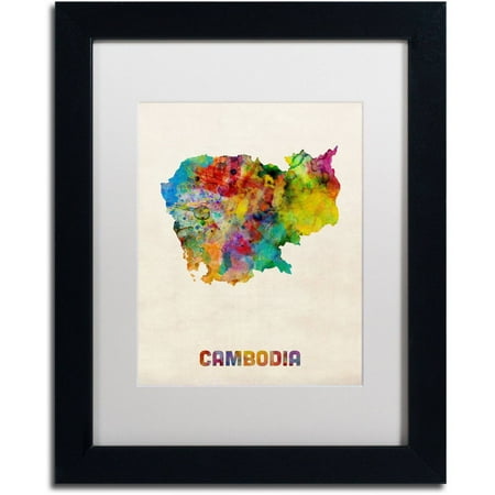 Trademark Fine Art 'Cambodia Watercolor Map' Canvas Art by Michael Tompsett, White Matte, Black Frame