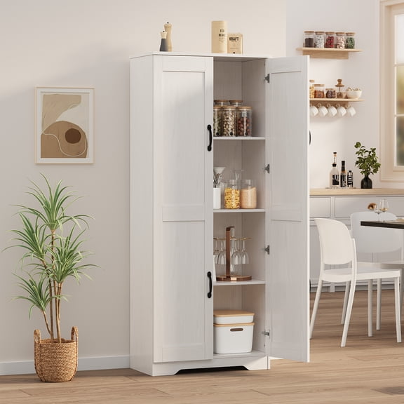 Gaderth Kitchen Pantry Storage Cabinet,Tall Kitchen Pantry Cabinet,Freestanding Wood Cupboard,4 Tier Food Pantry With 2 Doors & Adjustable Shelves For Dining Living Room Bathroom