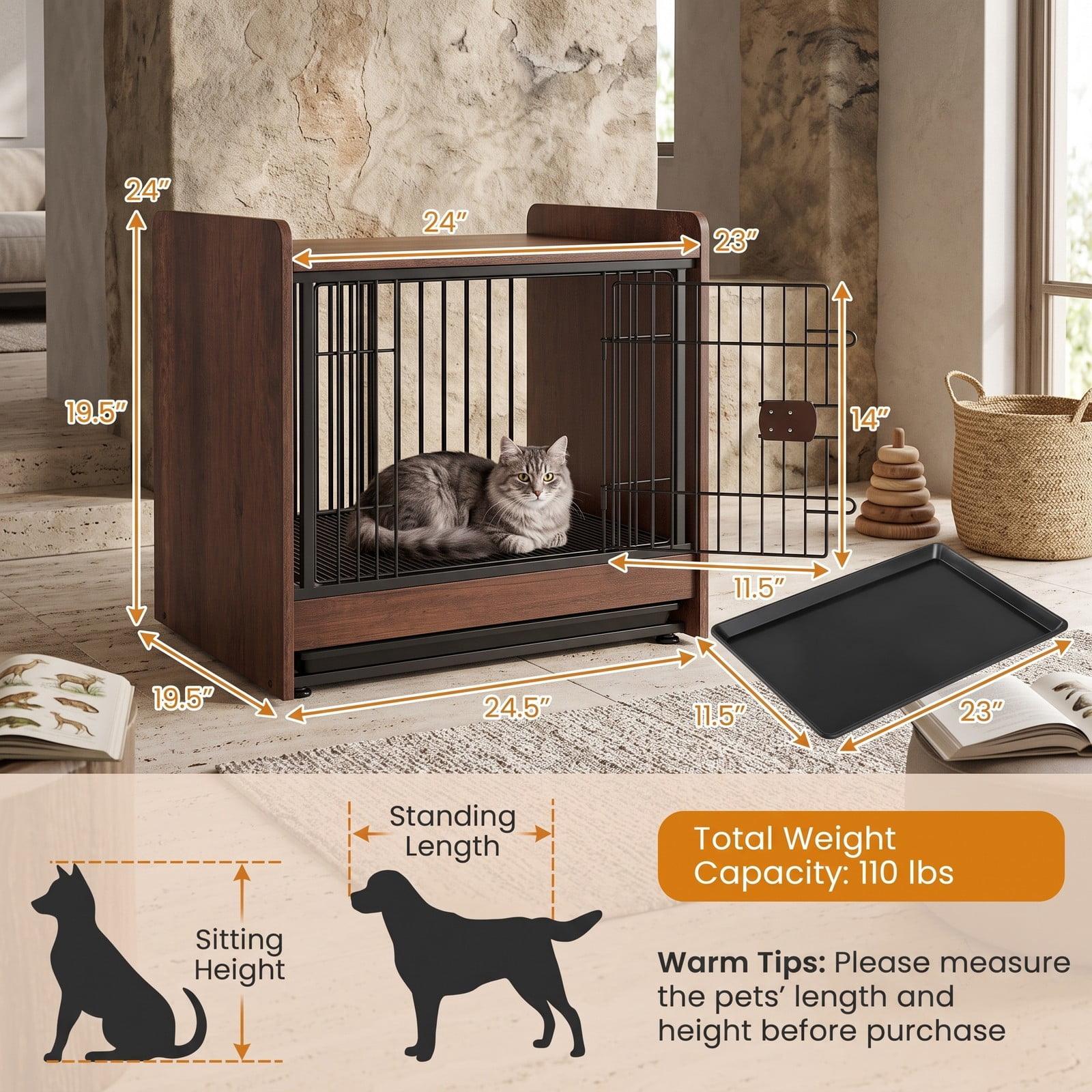ALPULON Dog Crate Indoor Dog Cage End Table with Removable Tray and Lockable Door, Heavy Duty Metal Wood Furniture Style Pet Kennel for Small Medium Dogs, Rustic Brown