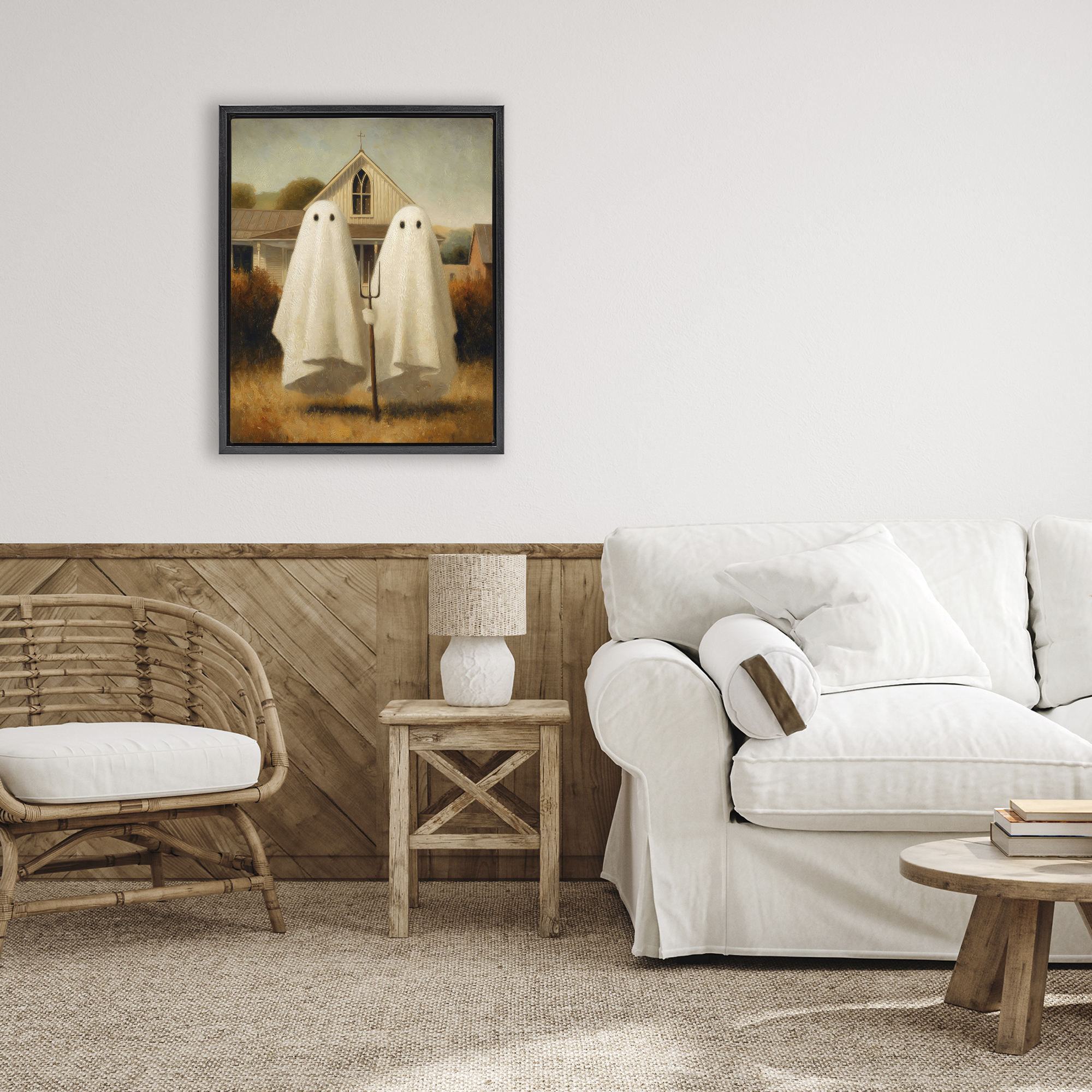 American Gothic Ghosts Black Framed Floater Canvas Wall Art, design by Arlington Prints