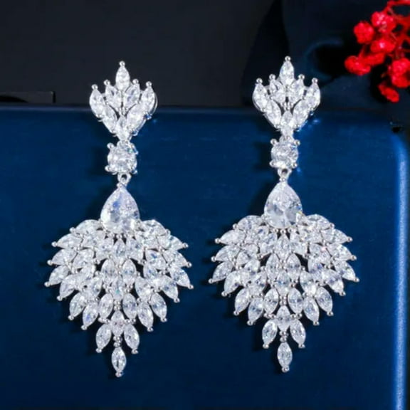 Dazzling White CZ Long Feather Dangling Drop Earrings for Women Costume Jewelry