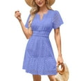 thumbnail image 4 of IBTOM CASTLE Women Short Sleeve Hollow Out Mini Dress Summer Casual Ruffle A-Line V Neck Sundress Beach Lace Vacation Dress XXL Blue, 4 of 6