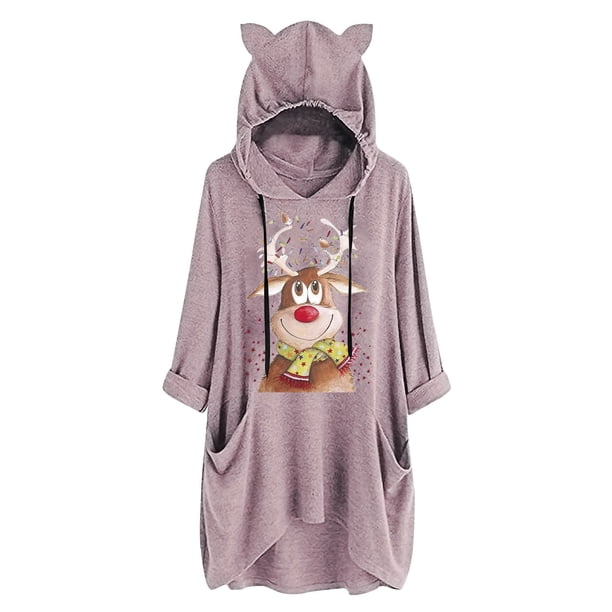 Top de manga larga con cuello redondo y capucha para mujer con estampado navideño y bolsillo suelto para mujer Pompotops FGAJ11164
