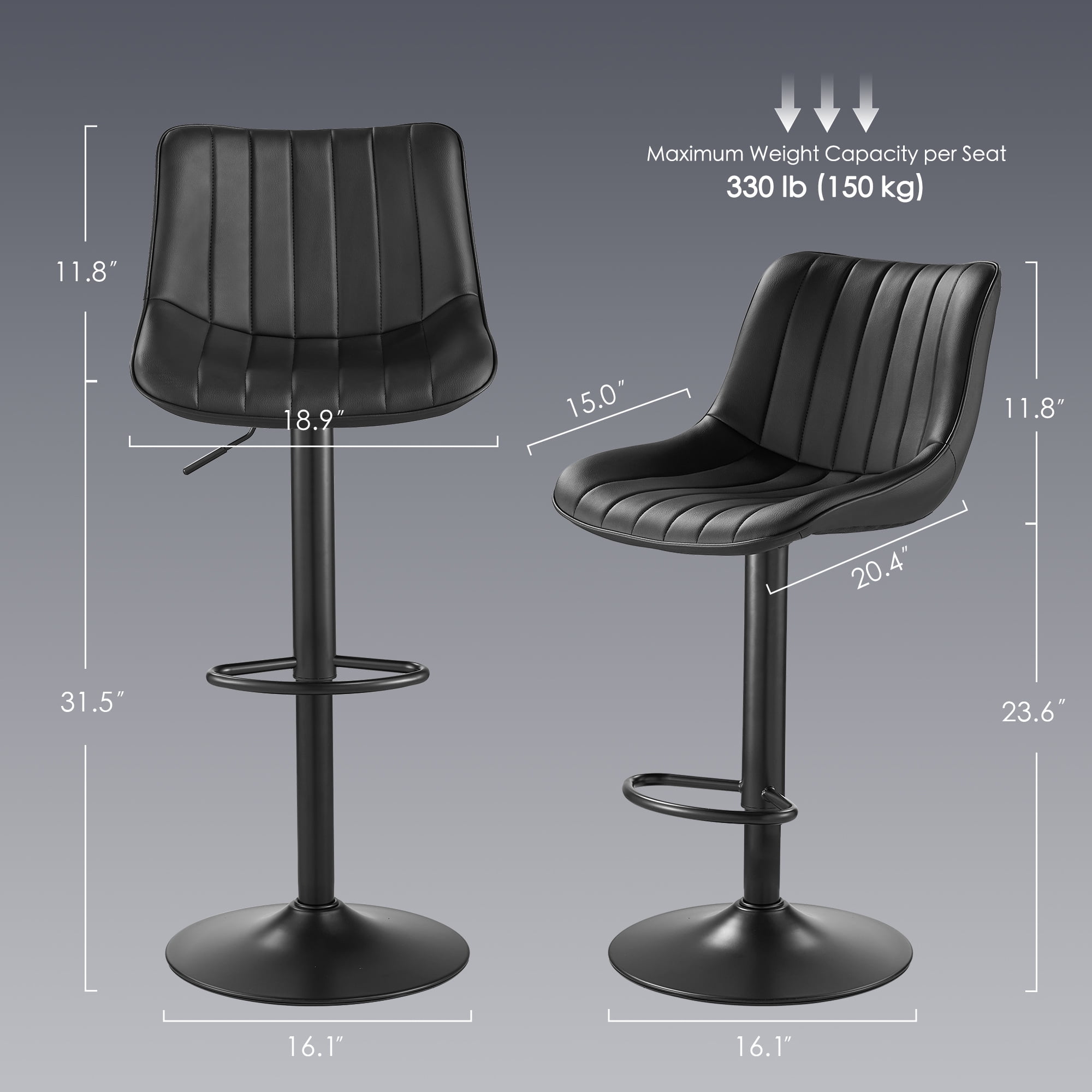 AUNEKIV Bar Stools, Swivel Counter Height Barstools with Back, Adjustable Faux PU Leather Bar Chairs, Modern Armless Kitchen Island Stool, Black