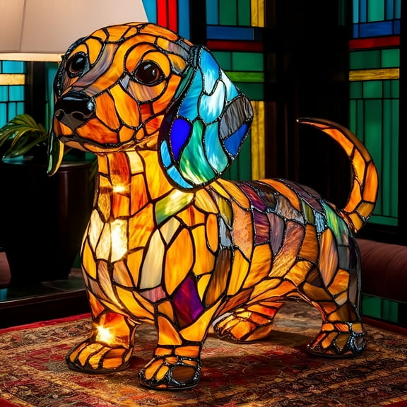 HIBIBUD Retro Colorful Dachshund Stained Resin Tabletop Night Light,Cute Animal Themed LED Art Desk Lamp with Warm Ambient Glow,Gifts for Pet Lovers,Kids,Home Office
