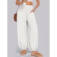 thumbnail image 4 of Women Cotton Palazzo Pants Summer Boho Wide Leg High Waist Casual Lounge Pant Vacation Outfits White M, 4 of 7