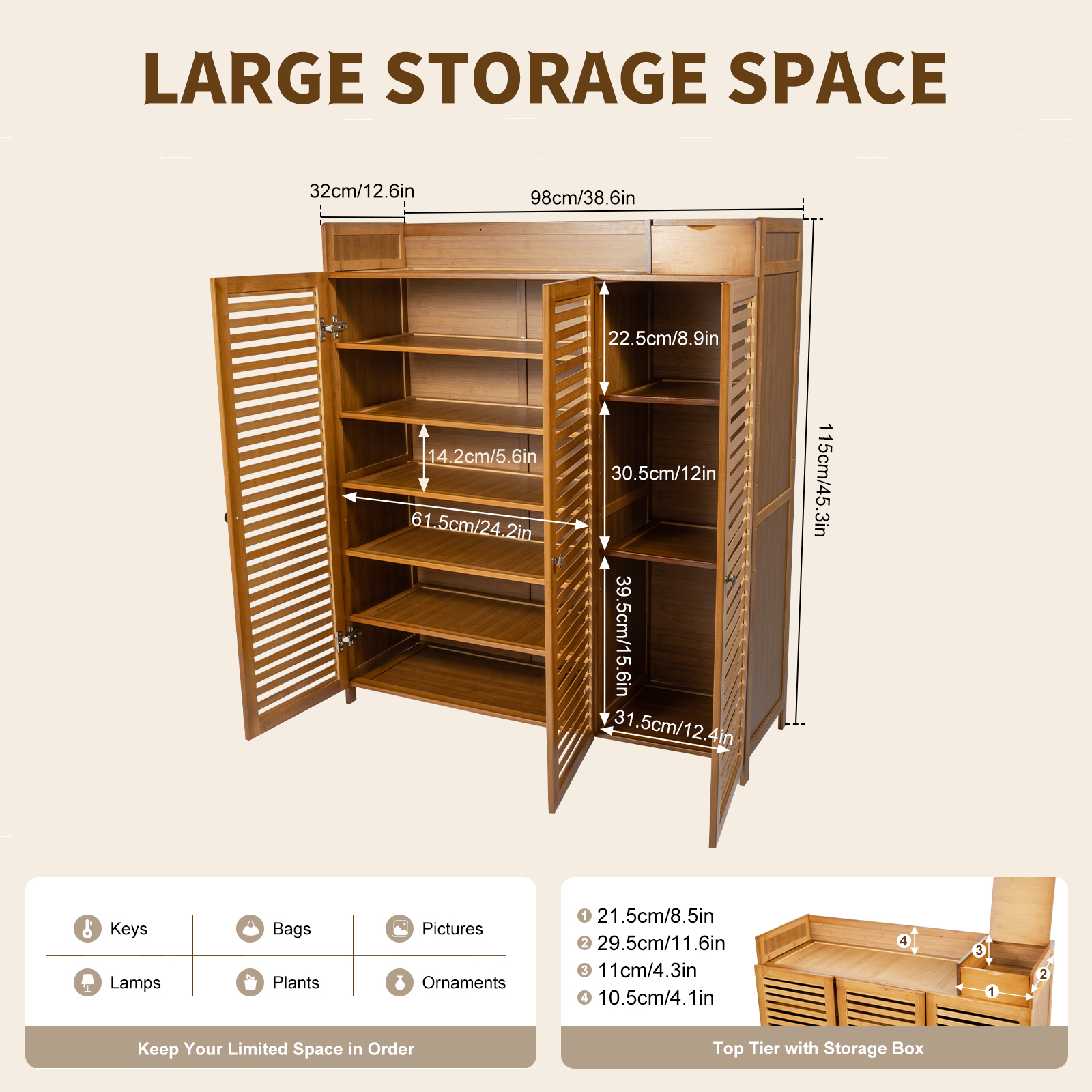DUYIWAA 7-layer Bamboo Shoe Storage Rack Entryway 3-Door Shoe Cabinet Shoes Boots Organizer