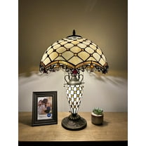 Tiffany Table Lamp Beige Stained Glass Shade And Base Crystal Beans LED Bulbs Included for Living Room Bedroom Bedside 16"W*16"D*24"H
