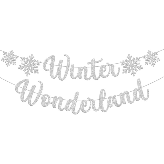 Winter Wonderland Banner, Silver Glitter, Snowflake Garland, Christmas Holiday Party Decoration