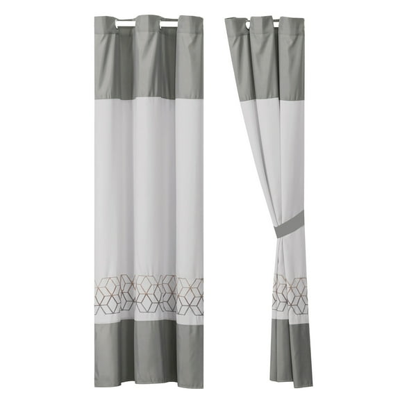 4-Piece Nico Curtain Set Drape Sheer Liner|Geometric Hexagon Rhomboid Parallelogram Embroidery|Gray Taupe Brown|Grommet