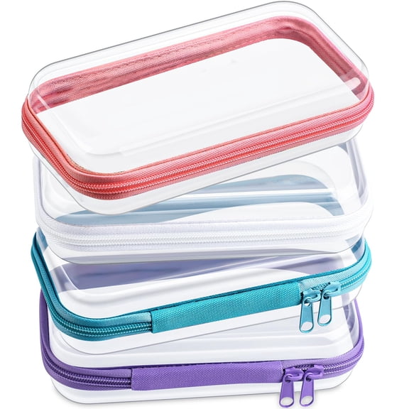 4 Pcs Hard Clear Zipper Case Makeup Bags Plastic Zipper Pouch Transparent Storage Box Containers for Cosmetics,Snacks,Building Blocks,Puzzles(Clear,7.5 x 3.9 x 2 in,Multicolor)