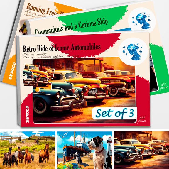 Quokka Dementia Puzzles for Adults - 3x100 Piece Set Dementia Puzzles for Elderly - Horses & Cars