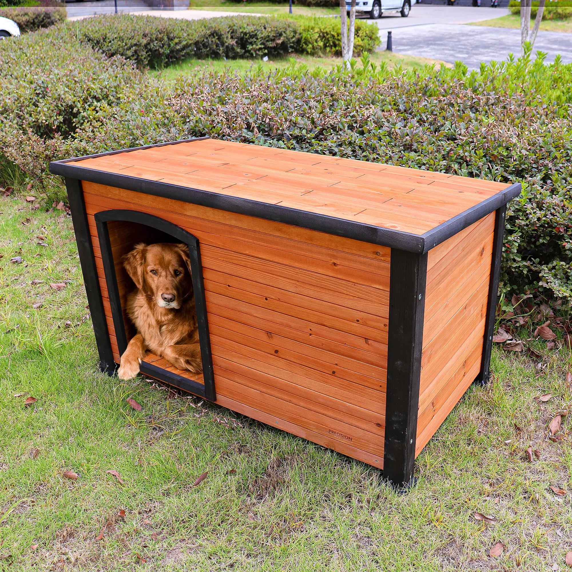 Pefilos 26.4" Width Outdoor Wooden Dog House for Medium Dogs with Raised Feet, Removable Floor Weatherproof Pet Cat House, Gold