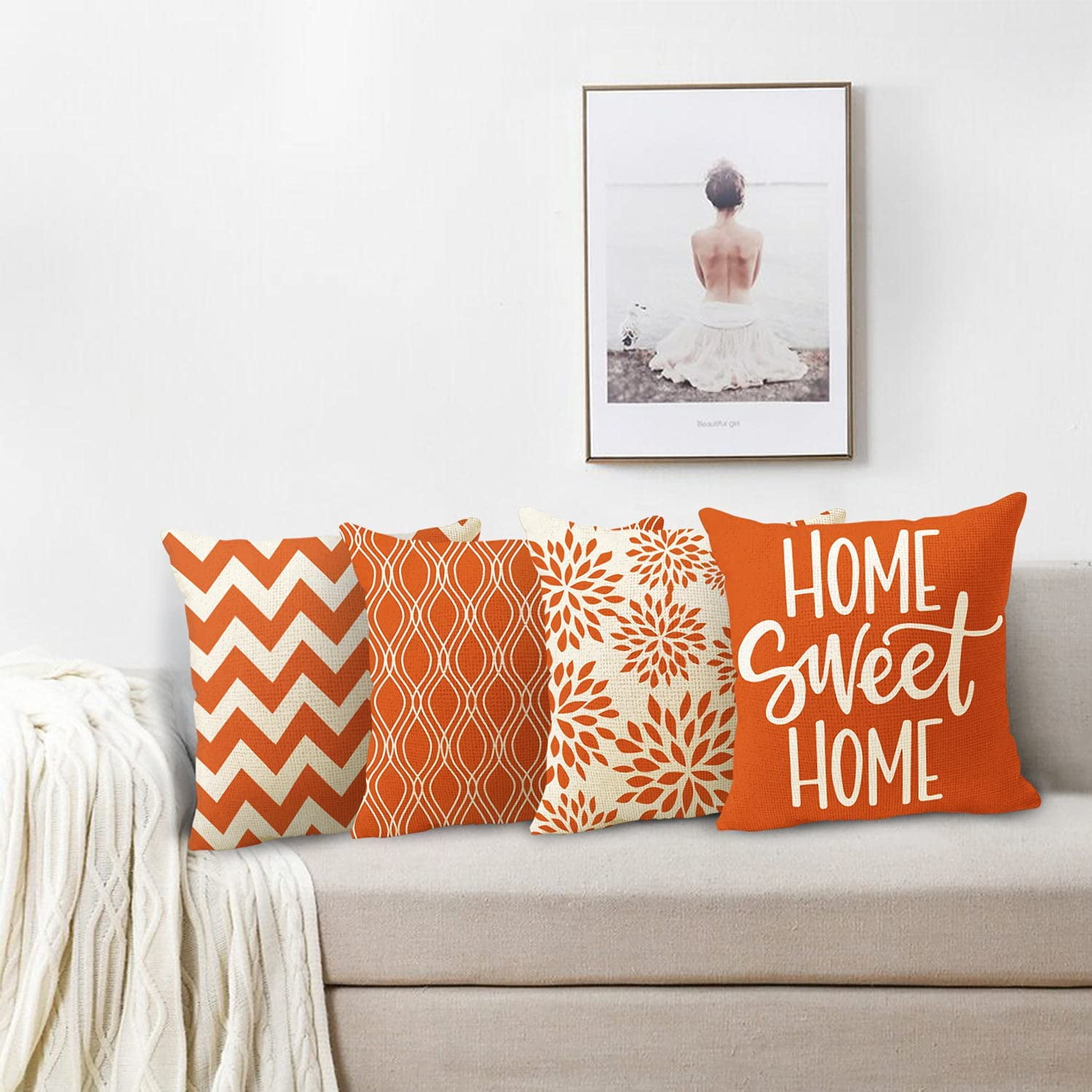 Orange Decorative Pillow Covers 20x20 Set of 4 Geometric Linen Pillow Cover for Living Room Couch Farmhouse Patio Indoor Outdoor Home Decoration Walmart