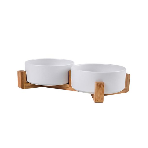 Ceramic Cat Dog Bowl Dish With Wood Stand No Spill Pet Food Water ...