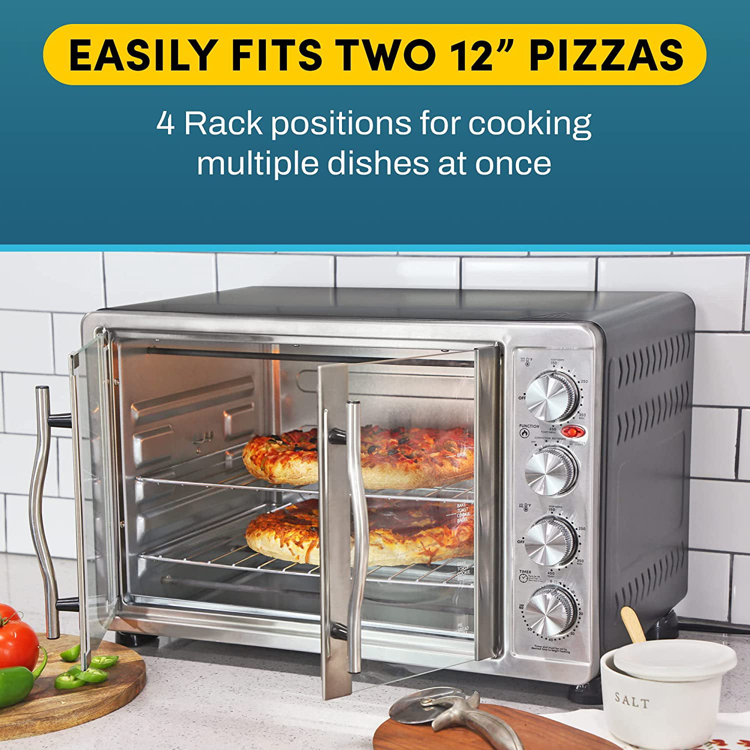 Elite Gourmet ETO4510B French Door 47.5Qt, 18-Slice Convection Oven  4-Control Knobs, Bake Broil Toast Rotisserie Keep Warm, Includes 2 x 14  Pizza