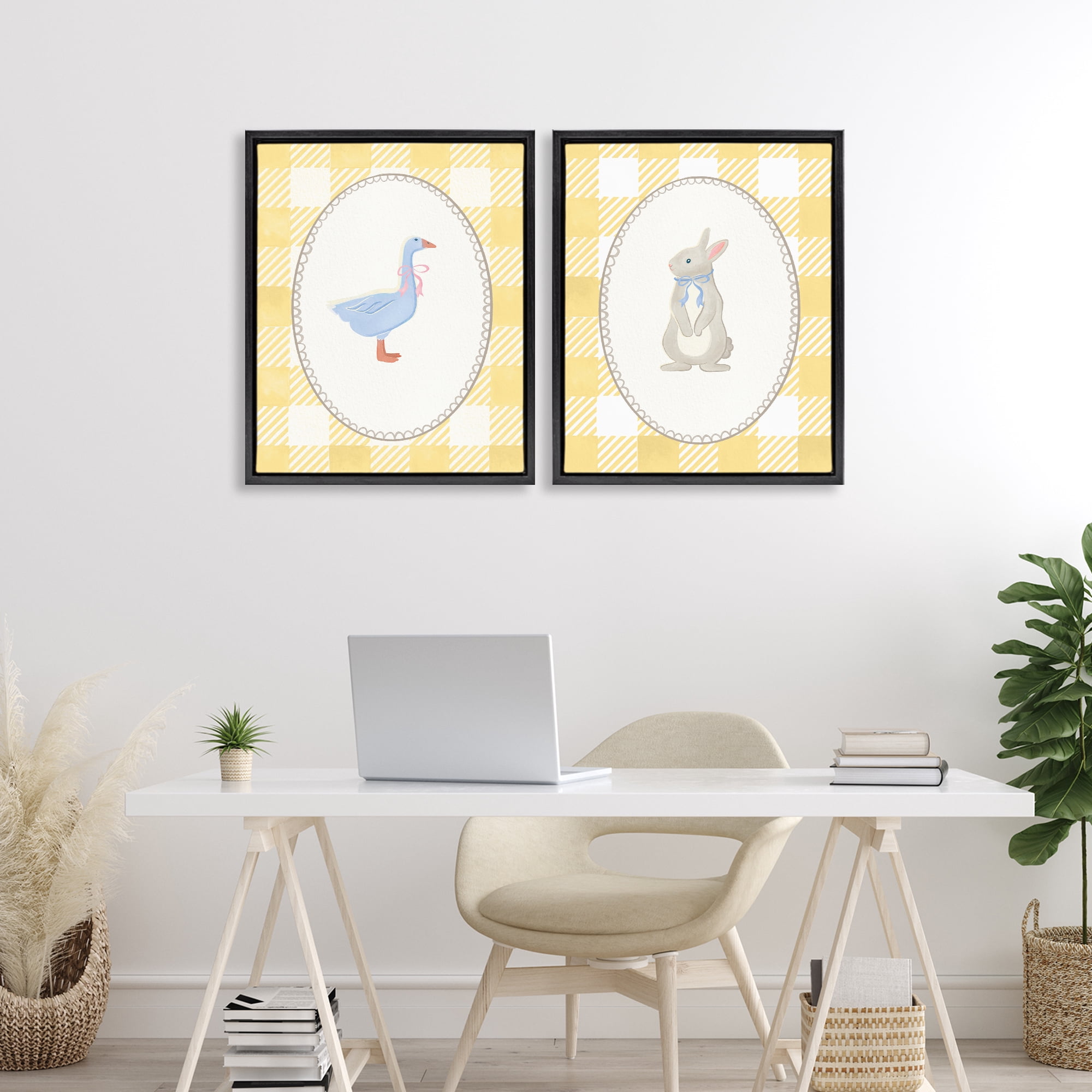 Stupell Industries Goose & Bunny Yellow Gingham 2 Piece Black Framed Floater Canvas Set, design by The Paper Curator