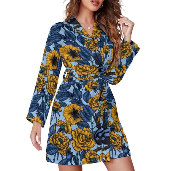 Crane Birds Flower Pajama Robe Blue Floral Print Long Sleeve Trendy Pajamas Robes Women V Neck Bedroom Bathrobe Spring Dresses