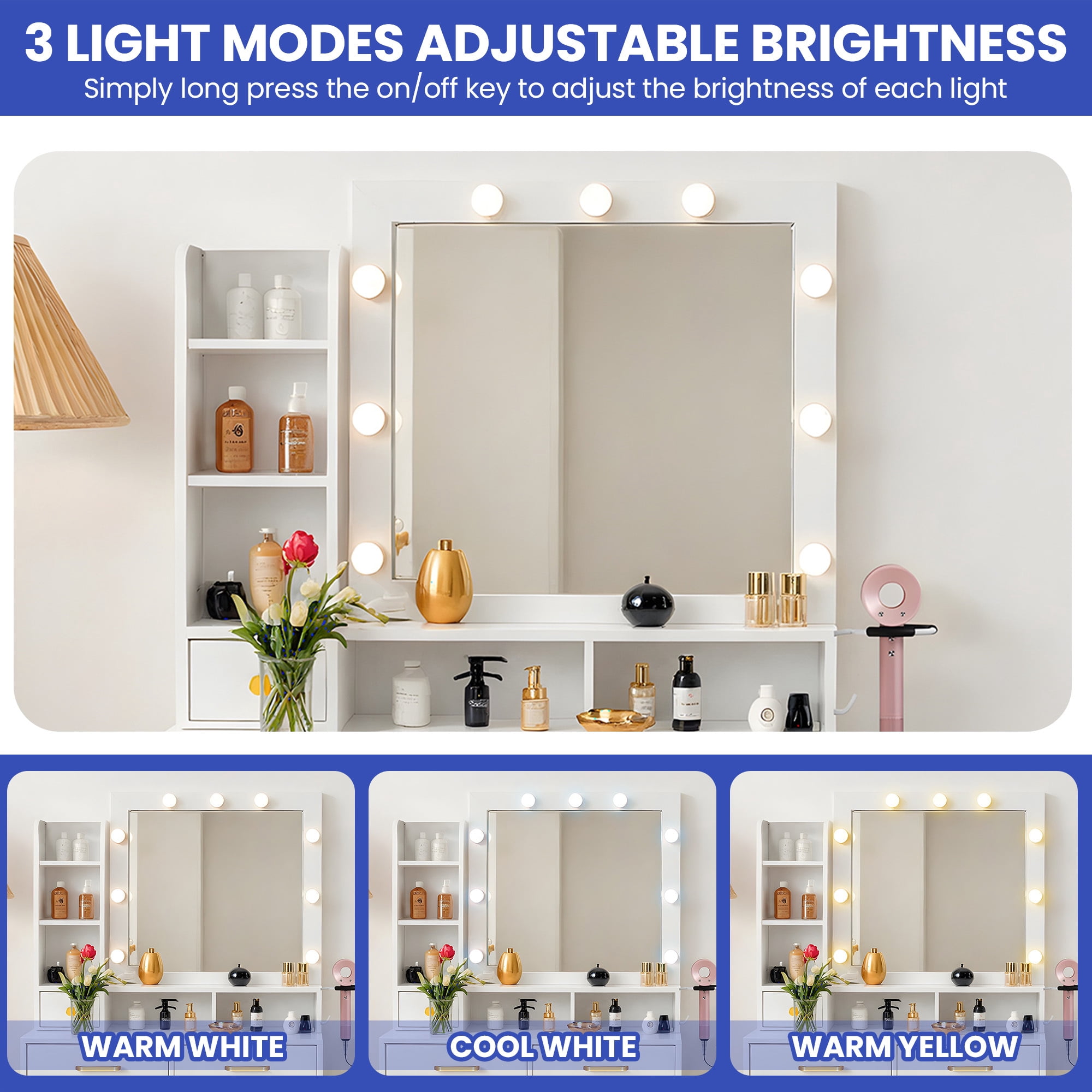 Uforic Vanity Mirror with Lights and Table Set, 3 Color Adjustable Lighting Brightness & Power Outlet, Hair Dryer Rack, White