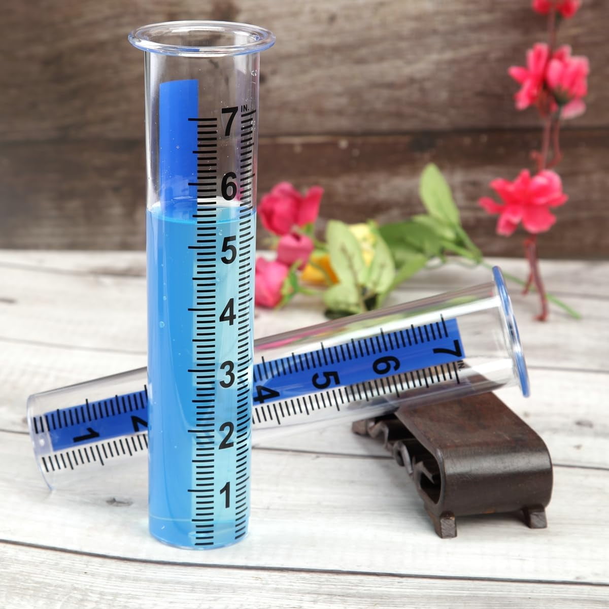 4Pcs Plastic Rain Gauge Replacement Tube, 7inch Transparent Outdoor Rain Meter Tubes for Lawn Garden Yard Home (Blue Strip)