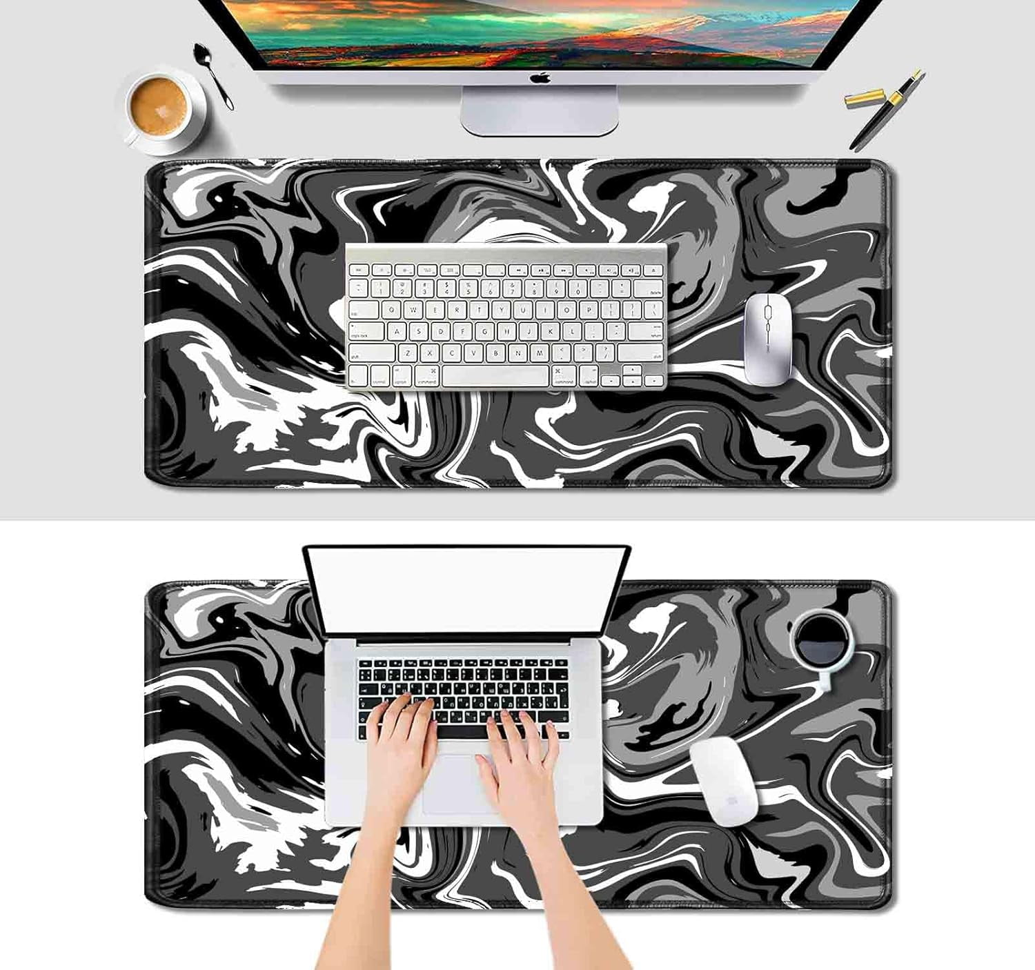 Desk Mat, Black White Ink Liquid Waves Pattern Extended Gaming Mouse Pad (35.4x15.7 in), Abstract Big Computer Large Mousepad, Full Desk Mouse Mat for Home Office Work