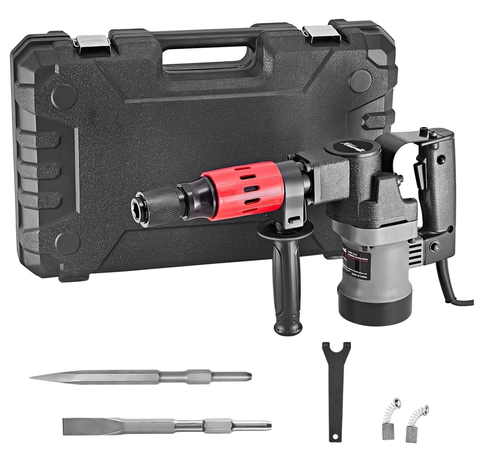 1000W Demolition Electric Hammer Jack Hammer Concrete Breaker Flat and Point Chisel Bits with Case