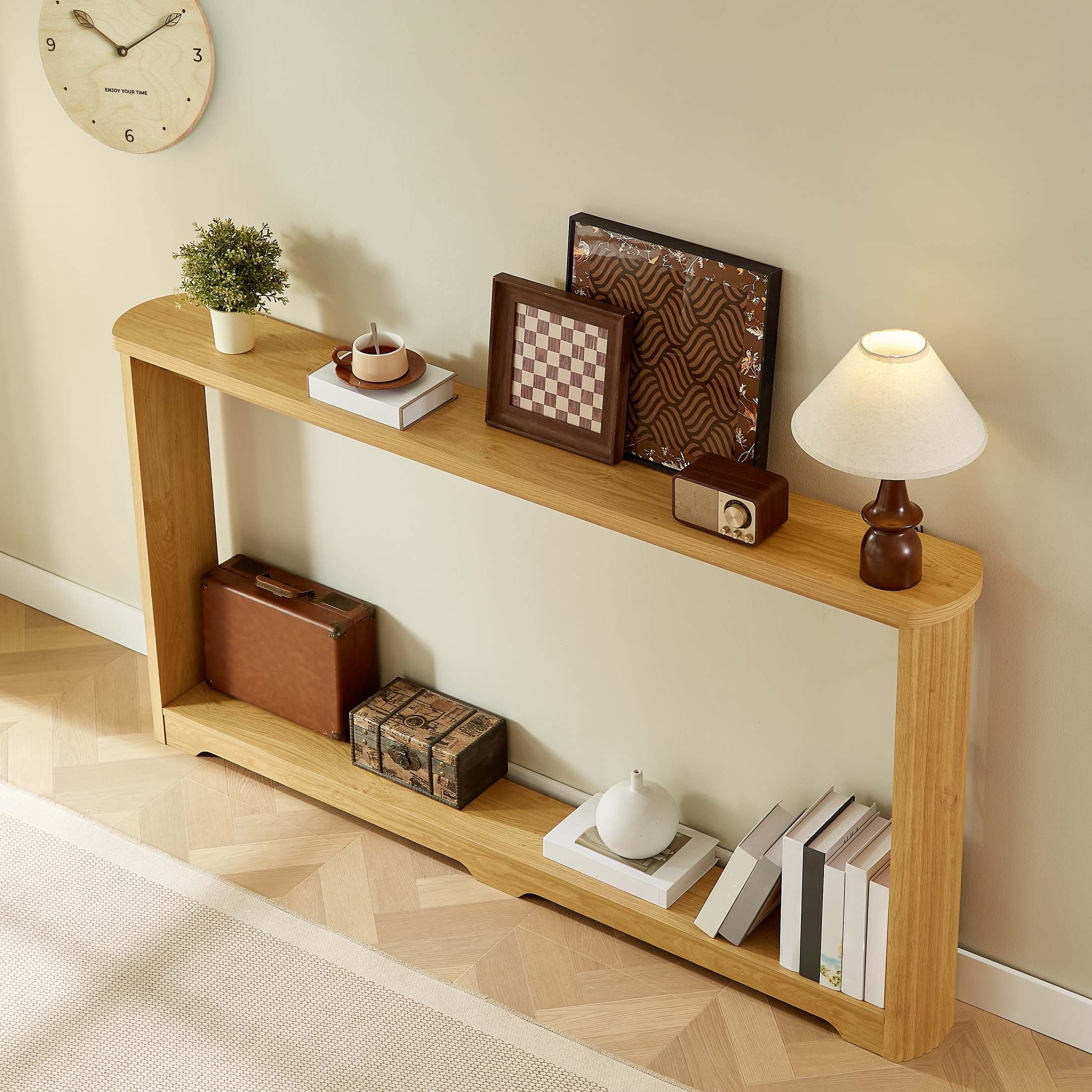 Noble House 70.1" Narrow Console Table, Modern Wave Texture Entryway & Sofa Table with Storage Shelf, Natural