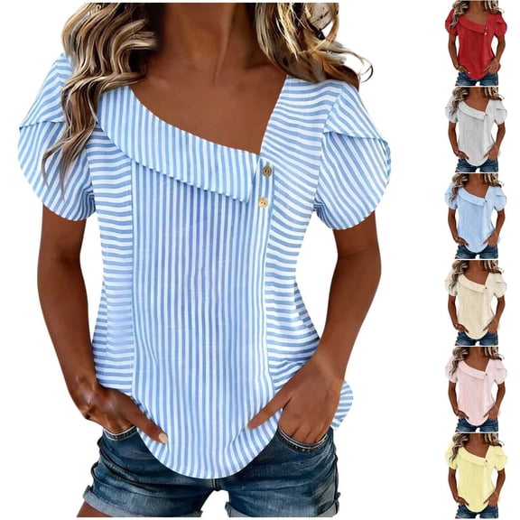 AnuYalue Women's Striped Blouse Asymmetrical Neck Button Detail Puff Sleeve Shirt Dressy Casual Summer Office Work Tops