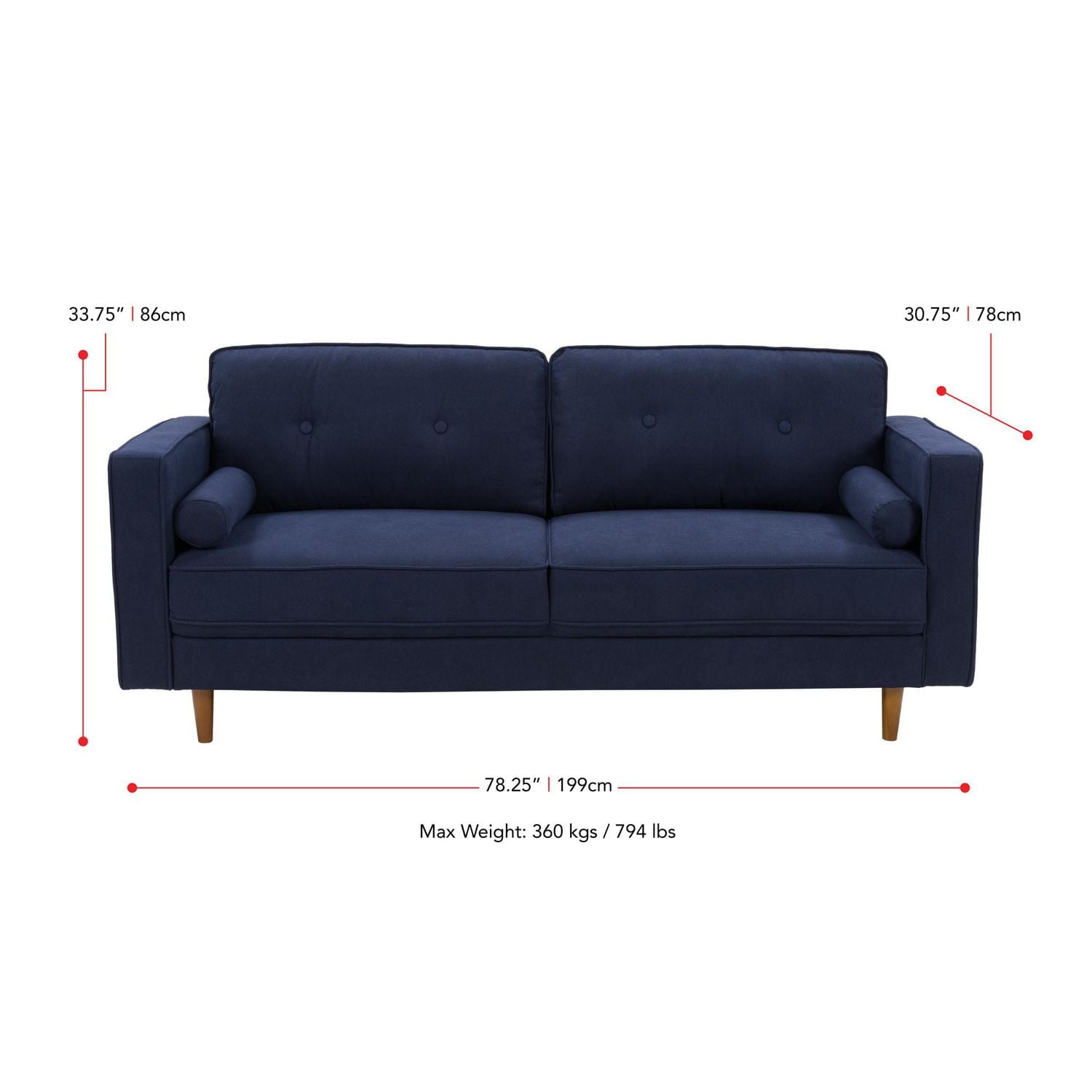 CorLiving Mulberry 2-Piece Mid-Century Modern Fabric Upholstered Living Room Set with Sofa and Chair, Navy Blue