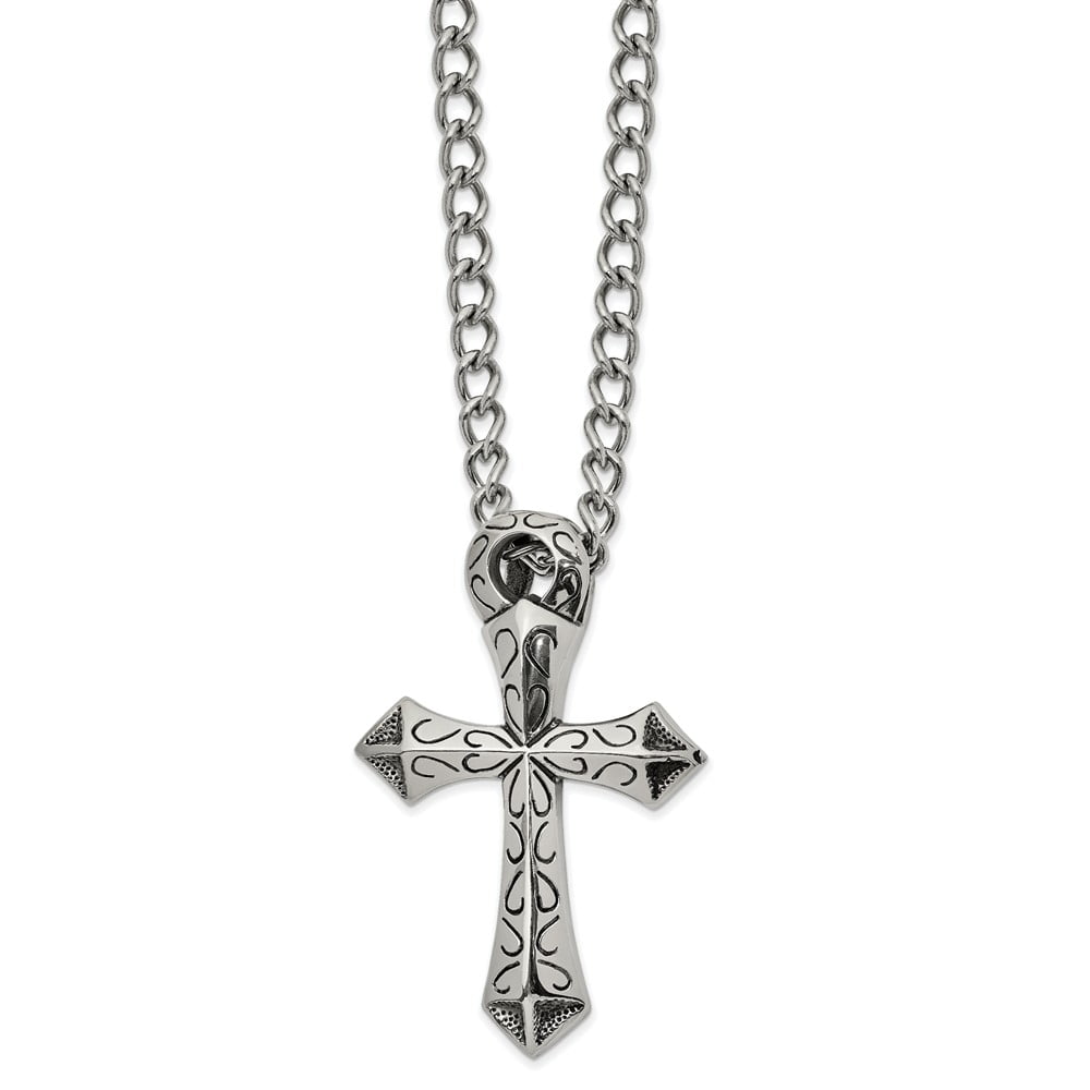 Solid Stainless Steel Men's Vintage Antiqued and Cross Slide Pendant