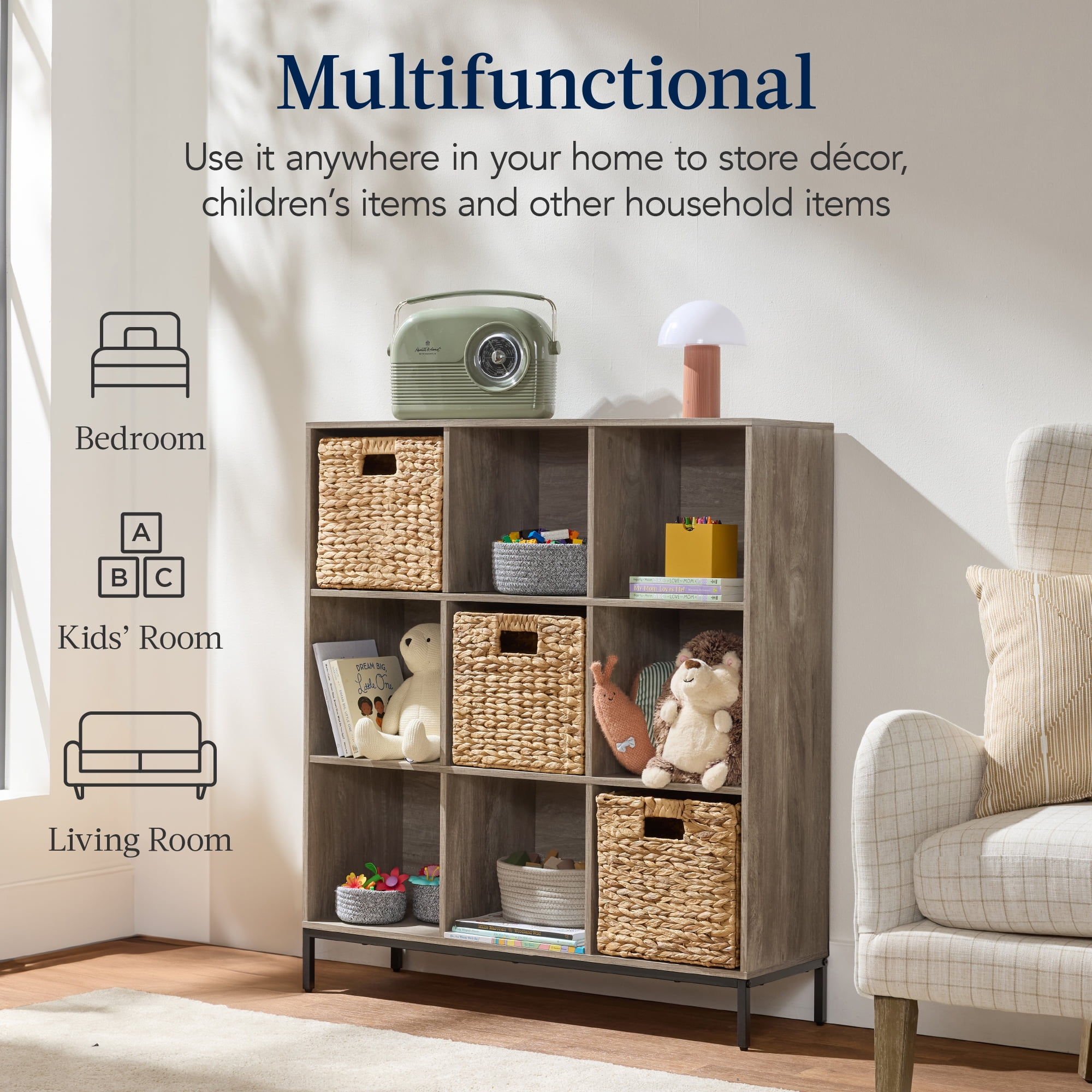 Best Choice Products Elevated 9-Cube Storage Organizer, 11in Shelf, Bookcase, Display Shelf, w/ Metal Legs  Greige