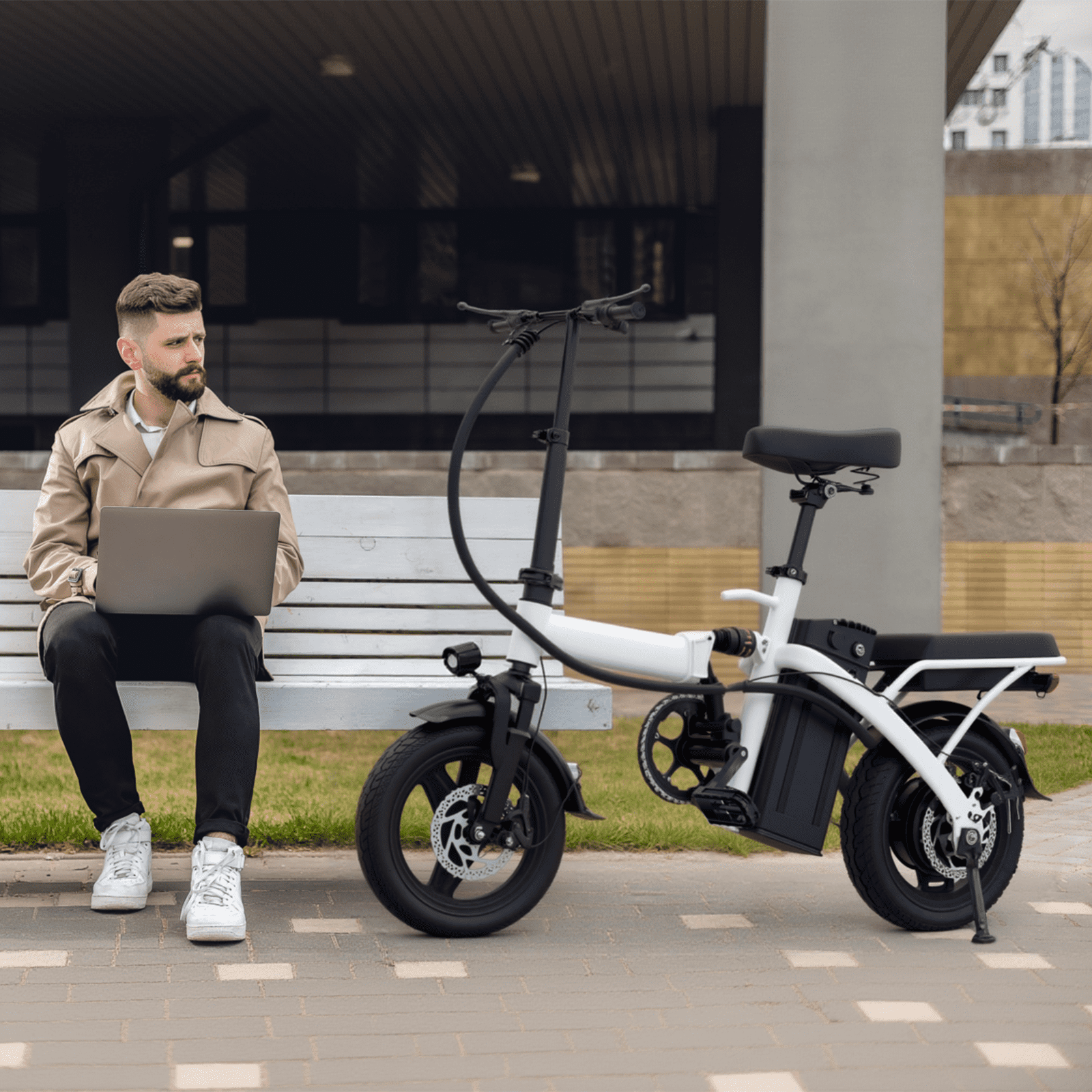 14 in 48V 400W Electric Bike for Adults - 20MPH High Speed, 16 Mile Range, Front and Rear Disc Brakes, Suspension Front Fork, Foldable Electric Bike White