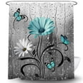 thumbnail image 4 of Rustic Teal Floral Boho Shower Curtain, Country Farmhouse Daisy Spring Flowers and Butterfly Shower Curtain for Bathroom, Turquoise Blue Grey Gray Surreal Bathroom Curtain with 12PCS Hooks, 70X70IN, 4 of 5